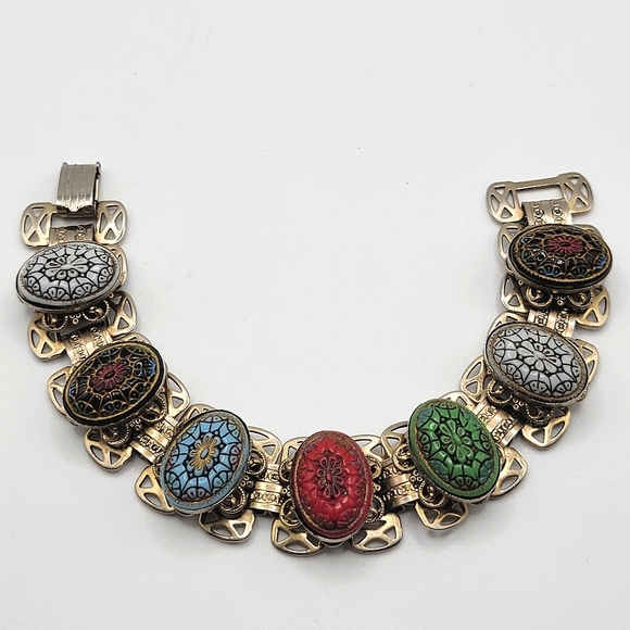 Vintage Jewelry - VTG Moroccan Style Multicolored Carved Cabochons Bracelet, Book Chain, Unsigned